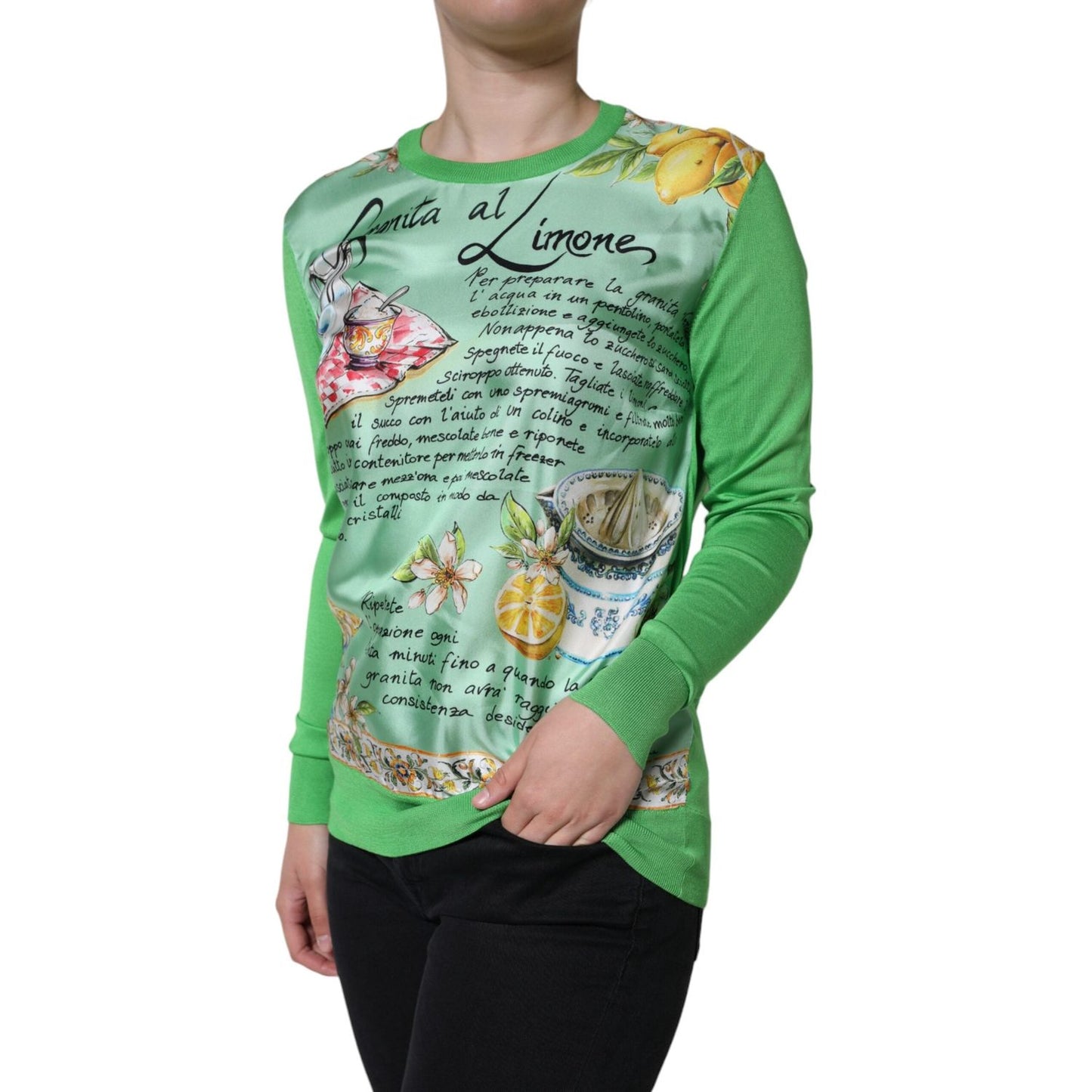 Dolce & Gabbana Green Silk Granita Al Limone Long Sleeves Sweater TSH86569-40