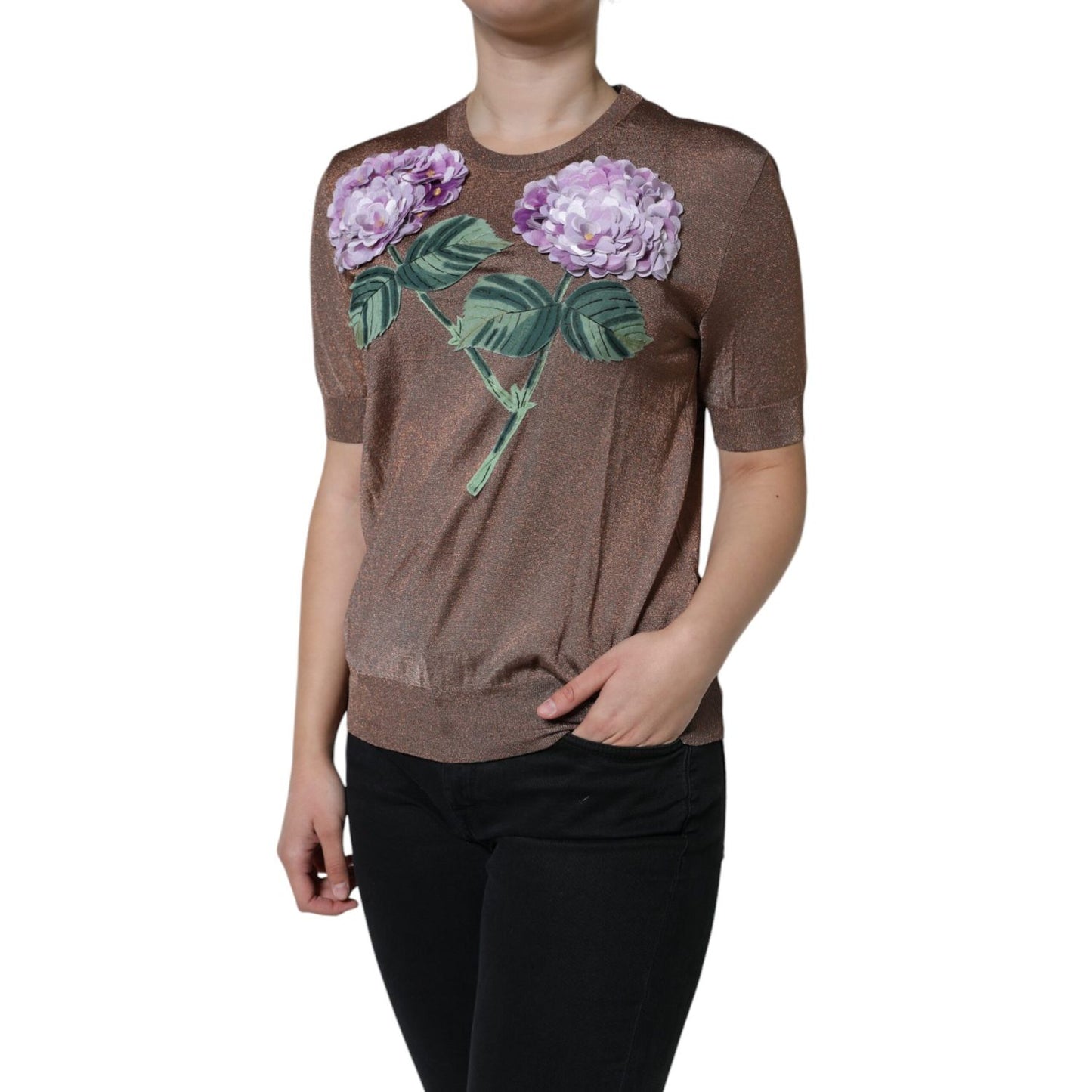 Dolce & Gabbana Brown Floral Applique Viscose Short Sleeve Top