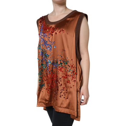 Dolce & Gabbana Brown Crystal Embellished Sleeveless Tank Top