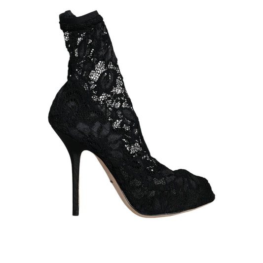 Dolce & Gabbana Black Lace Stretch Heels Mid Calf Boot Shoes