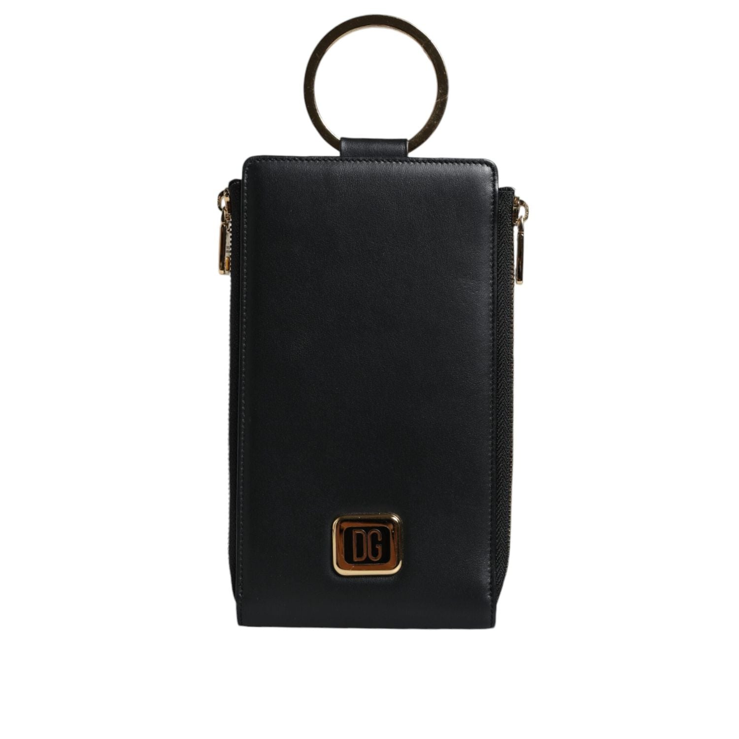 Dolce & Gabbana Black Leather Logo Plaque Neck Strap Card Coin Wallet