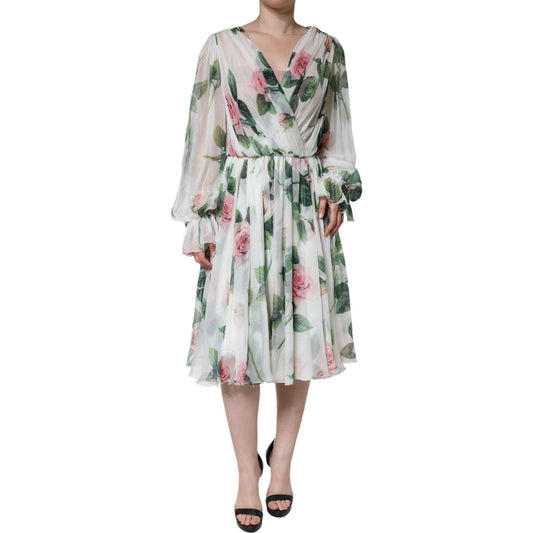 Dolce & Gabbana White Silk Floral Print A-line Midi Dress DR281289-50