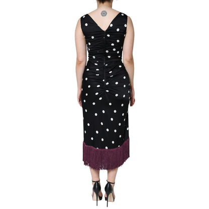 Dolce & Gabbana Black Silk Polka Dot Vneck Tassel Midi Dress