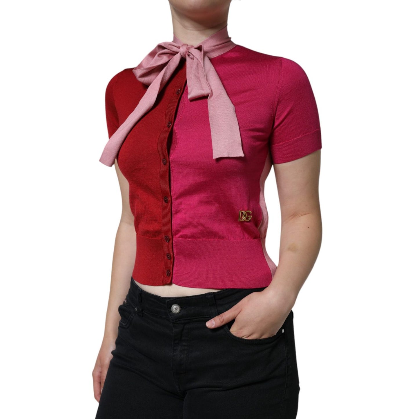 Dolce & Gabbana Pink Short Sleeves Pullover Ascot Collar Top