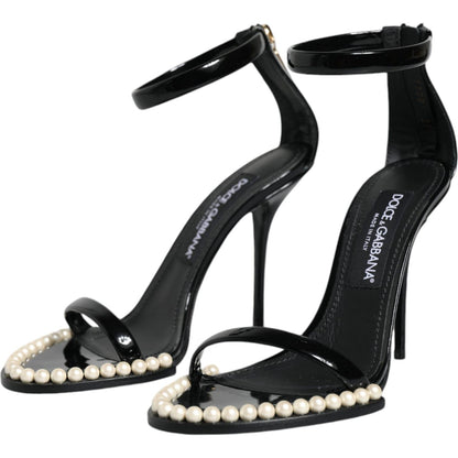 Dolce & Gabbana Black Keira Leather Faux Pearl Sandals Heels Shoes
