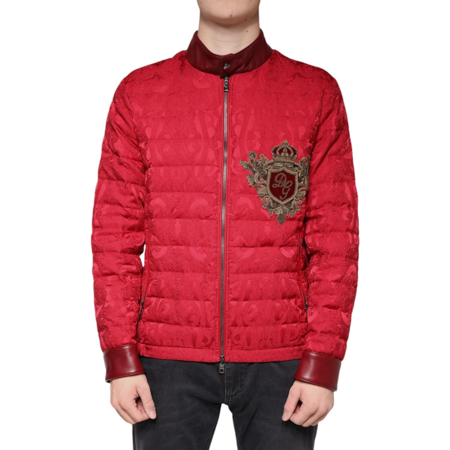 Dolce & Gabbana Red Quilted Bomber Gold Crown Logo Jacket