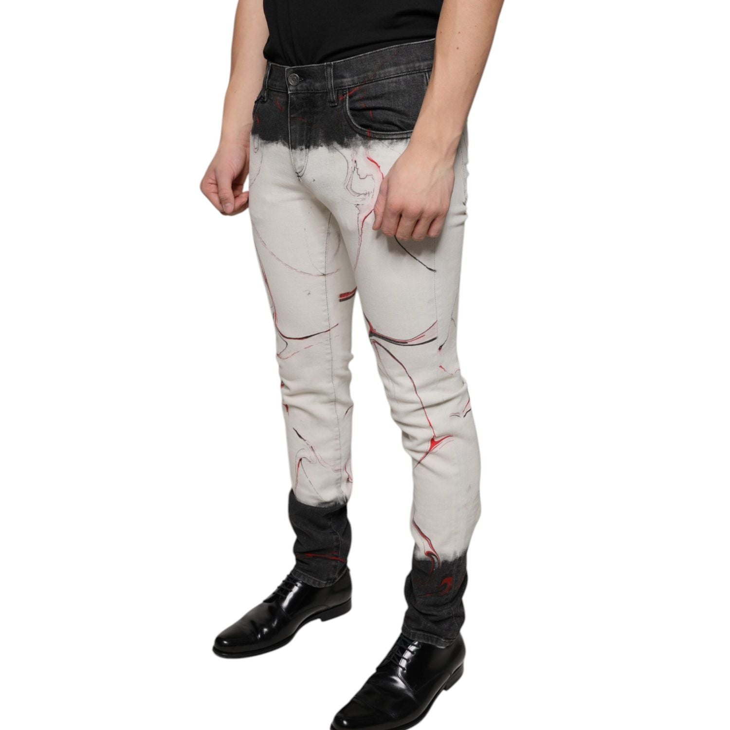 Dolce & Gabbana Black White Printed Skinny Men Denim Jeans