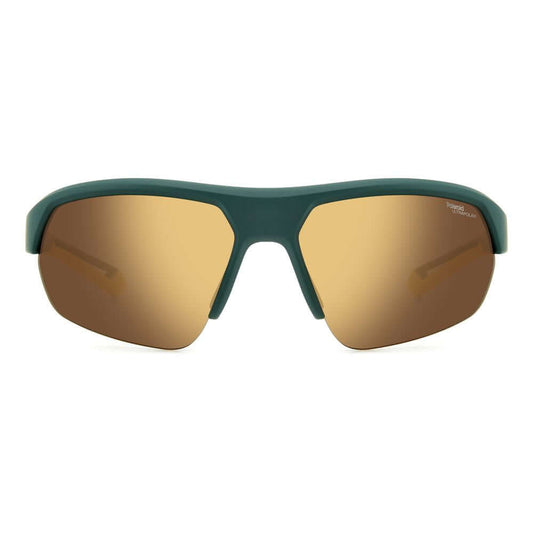 Polaroid green resin sunglasses with golden polarized lenses, unisex design, offering 100% UV protection, size 65/17/130 mm.