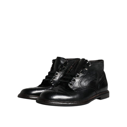Dolce & Gabbana Black Leather Men Short Boots Lace Up Shoes