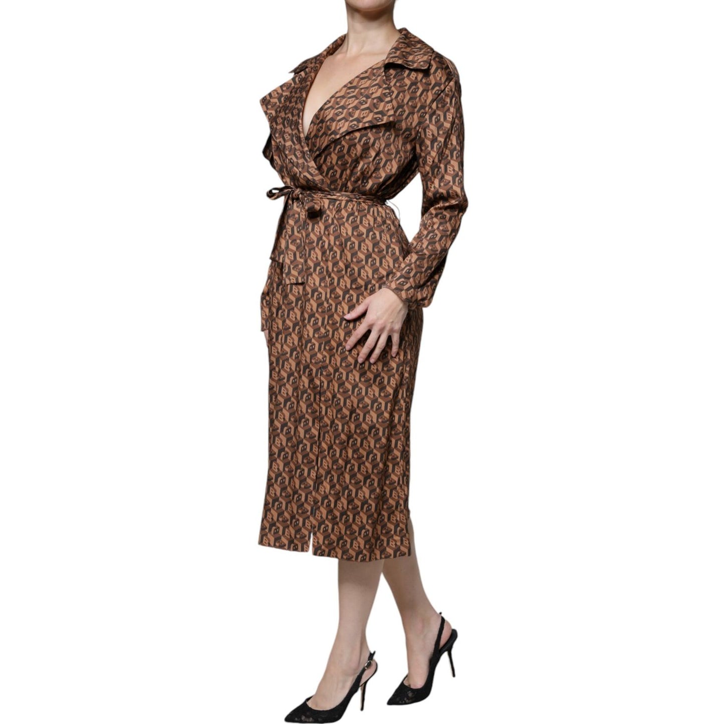 Ballantyne Brown Printed Long Sleeves V-neck Wrap Midi Dress