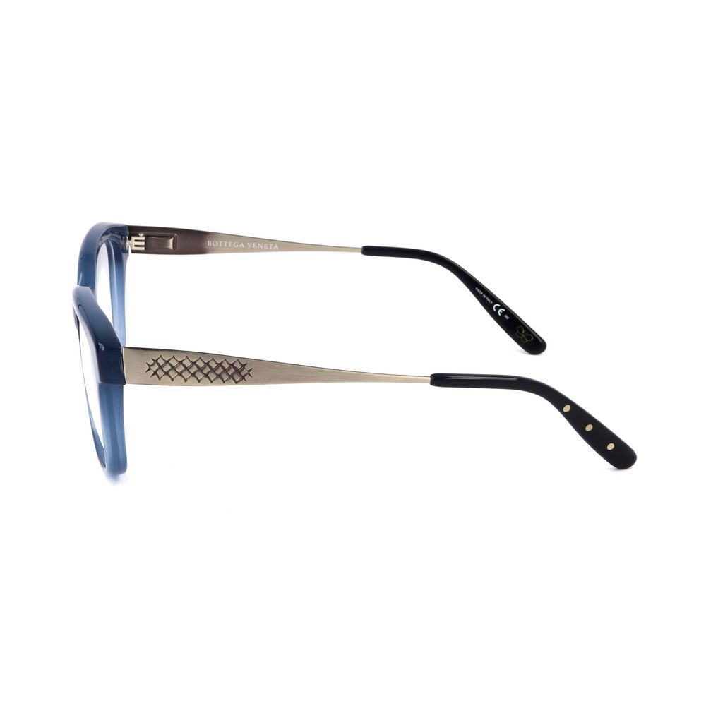 Side view of Bottega Veneta Bicolor Acetate Frames in blue and matte silver, showcasing temple design, size 51/17/140 mm.