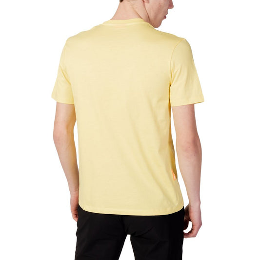 Back view of men's spring/summer yellow cotton T-shirt, 100% cotton, showcasing casual style and comfort.