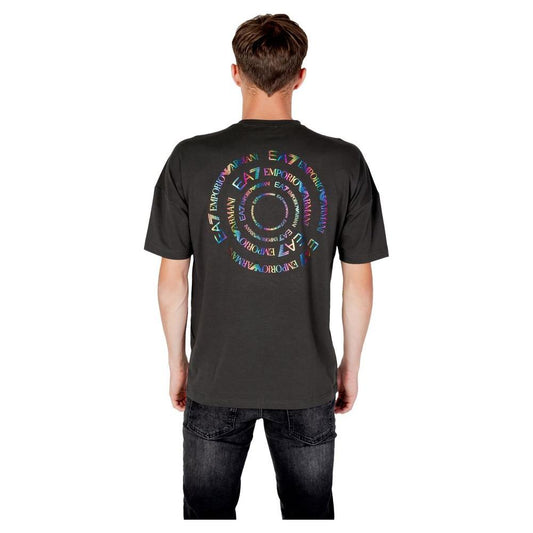 Back view of EA7 Emporio Armani gray t-shirt featuring colorful logo design, perfect for casual and modern style.