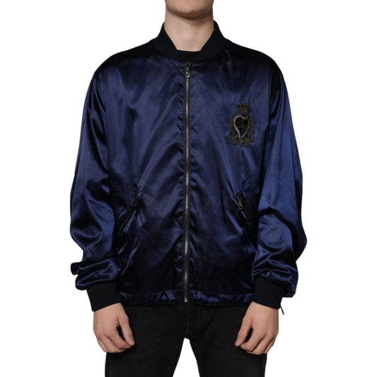Dolce & Gabbana Blue Crown Heart Full Zip Men Bomber Jacket