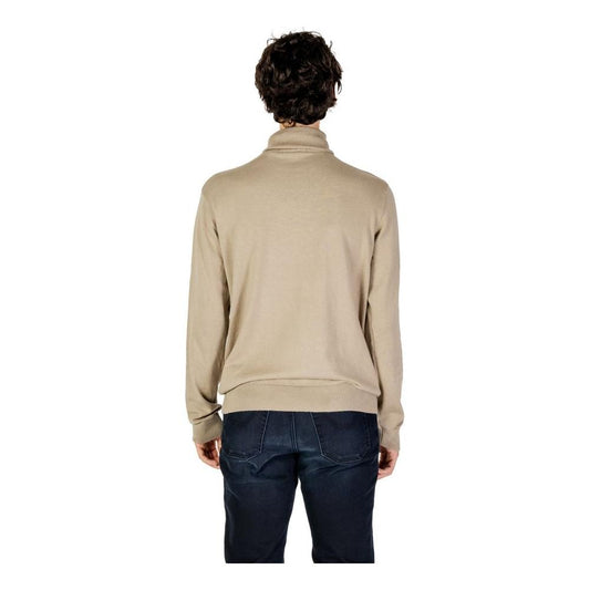 Back view of U.S. POLO ASSN. beige cotton sweater with turtleneck and embroidered logo, perfect for elegant and comfortable men's fashion.