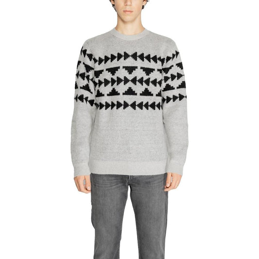 Antony Morato Gray Acrylic Sweater with Black Geometric Pattern, Men's Fall/Winter Knitwear Composition: Acrylic, Polyamide, Wool, Mohair, Elastane
