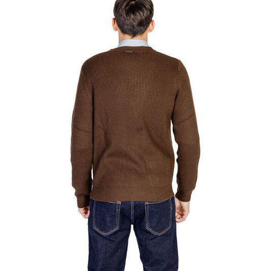 Back view of a man wearing an Antony Morato brown polyester cardigan from the men's fall/winter knitwear collection.