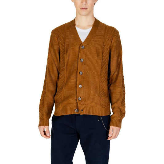 Hamaki-Ho beige polyester cardigan for men, Fall/Winter collection, featuring a buttoned front and knit design.