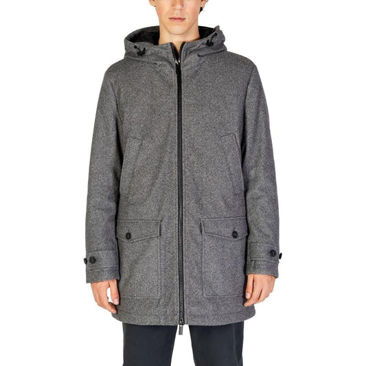 Men's Hamaki-Ho gray polyester jacket, fall/winter collection, hooded design with front buttons and pockets, stylish and warm.