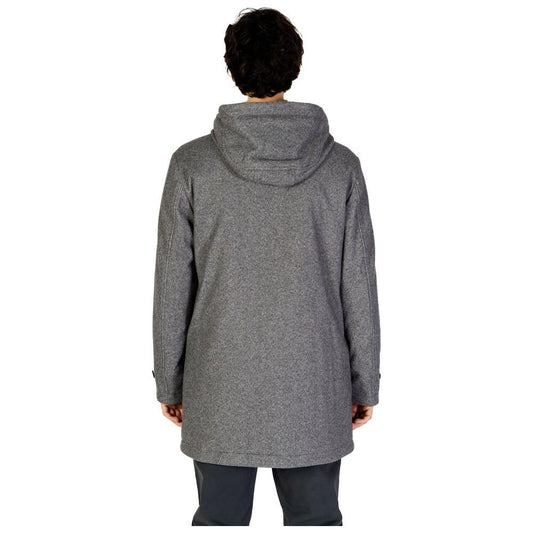 Back view of Hamaki-Ho Gray Polyester Jacket, men's fall/winter collection, featuring a hood and straight fit. 100% polyester.