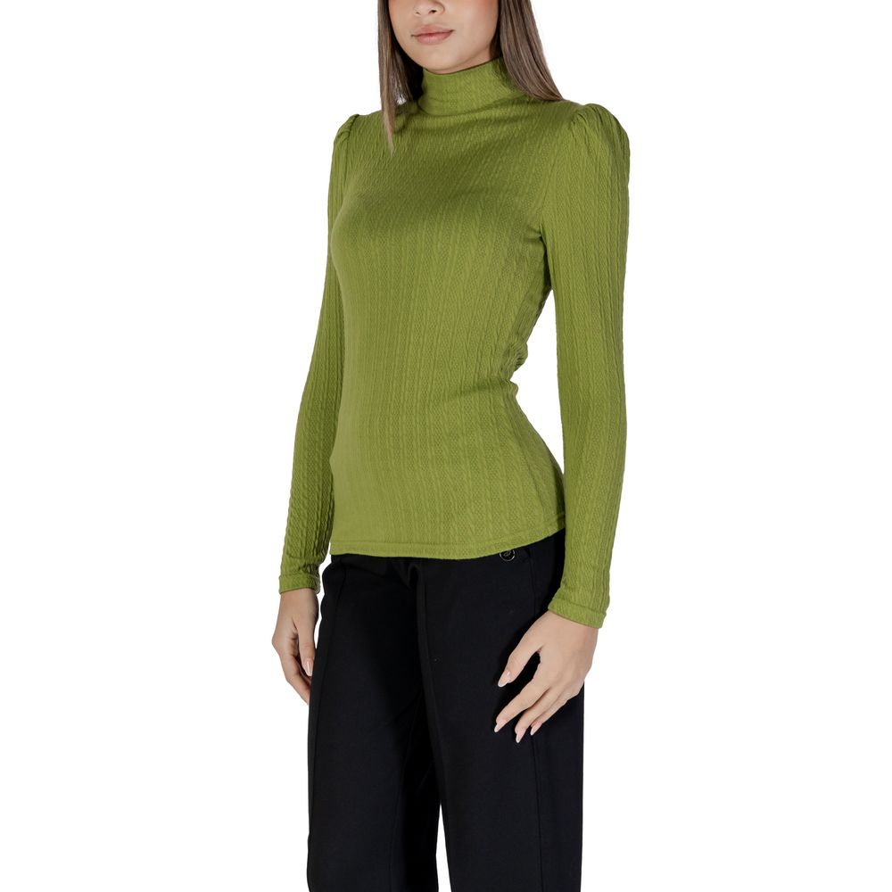 Woman wearing B.Young Green Polyester Long Sleeve T-Shirt with high neck and ribbed texture, enhancing silhouette elegantly.