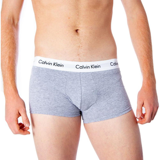 Model wearing Calvin Klein gray cotton underwear with elastic waistband for optimal fit and comfort.
