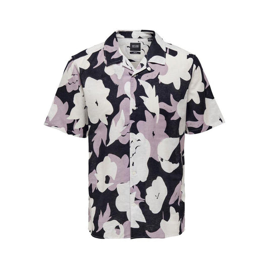 Only & Sons purple linen shirt for men with floral pattern, short sleeves, made of 55% flax and 45% cotton, ideal for spring/summer.