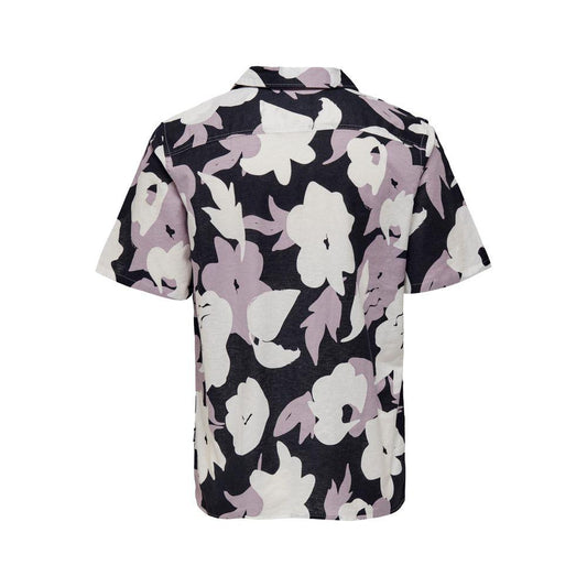 Only & Sons purple linen shirt for men, short-sleeved, floral pattern, spring/summer collection, made of 55% flax and 45% cotton.