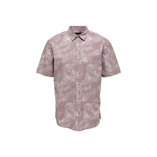 Men's Only & Sons purple cotton short-sleeved shirt with a leaf pattern, perfect for spring and summer. 100% cotton. Casual elegance.