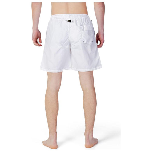 Back view of Blauer white polyester men's swimwear, spring/summer collection, showcasing elastic waistband and pocket detail.
