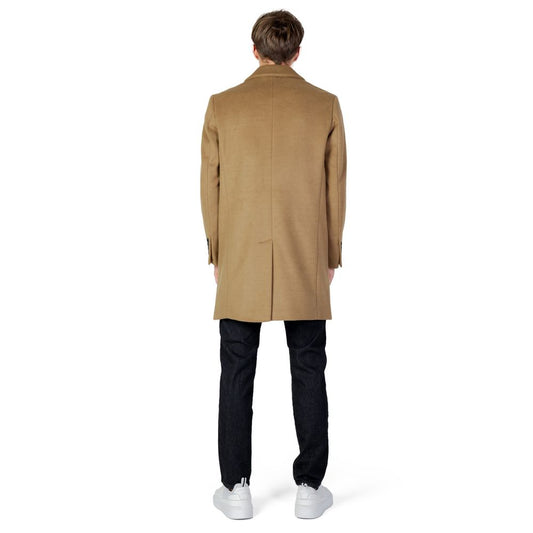 Back view of Antony Morato beige polyester men's coat from the Fall/Winter collection, showcasing tailored fit and casual style