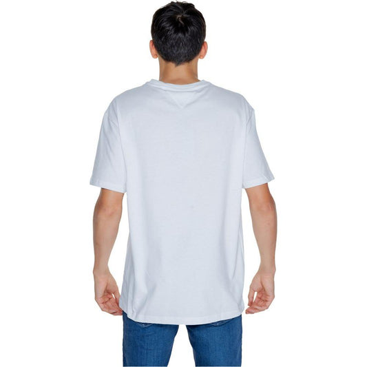 Back view of man wearing a white Tommy Hilfiger Jeans t-shirt made from recycled cotton, part of the Spring/Summer men's collection.
