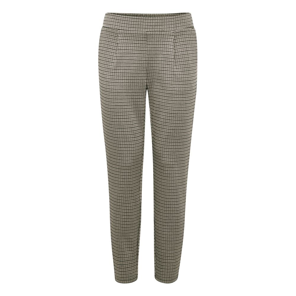 ICHI Beige Polyester Casual Pants for women with a tapered cut and flat waistband, ideal for versatile and refined style.