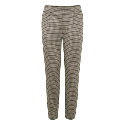 ICHI Beige Polyester Casual Pants for women with a tapered cut and flat waistband, ideal for versatile and refined style.