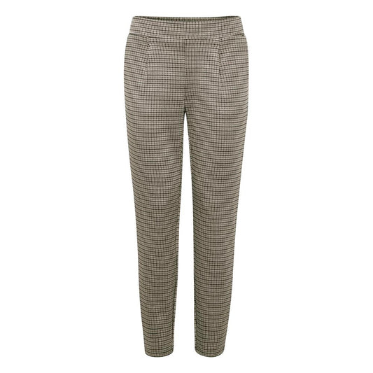 ICHI Beige Polyester Casual Pants for women with a tapered cut and flat waistband, ideal for versatile and refined style.
