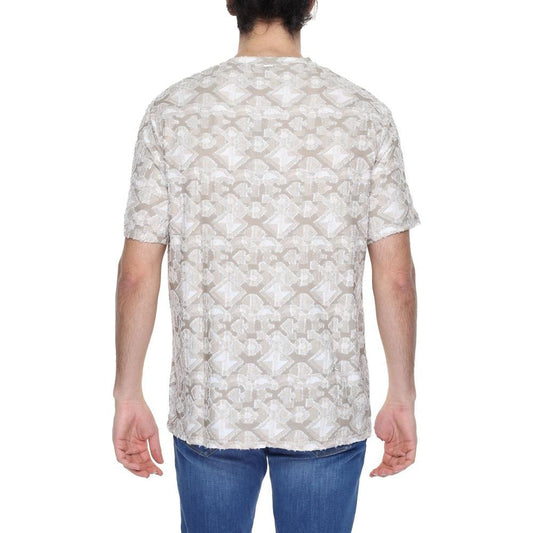 Back view of Antony Morato beige polyester men's T-shirt, spring/summer collection, featuring a geometric pattern.