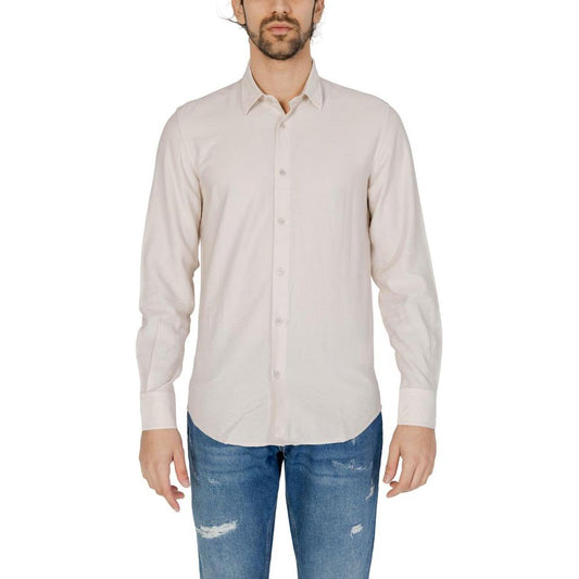 Antony Morato beige viscose men's long sleeve shirt, ideal for spring/summer, featuring button-up design and comfortable fit.