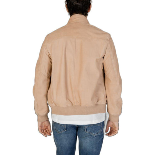 Back view of a Blauer beige leather men's jacket from the Spring/Summer collection, made of 100% leather, worn by a model.