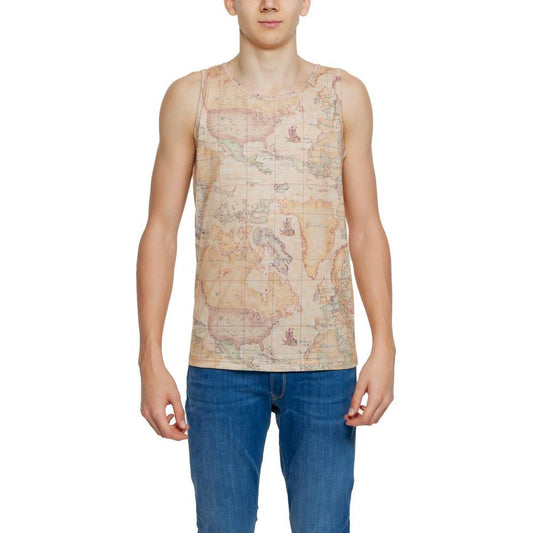 Alviero Martini Prima Classe men's tank top, beige with map print, 100% polyester, spring/summer collection, worn with blue jeans.