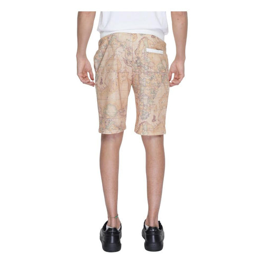 Man wearing Alviero Martini Prima Classe beige polyester shorts featuring map print, part of men's spring/summer collection, back view.