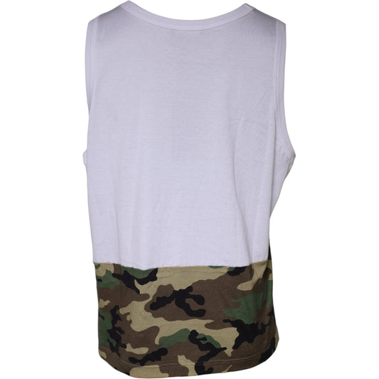 Back view of Dolce & Gabbana white camouflage sleeveless tank top with round neck, cotton blend, minor stains, made in Italy.