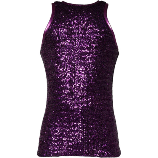 Dolce & Gabbana purple sequin sleeveless t-shirt with round neck, nylon blend, made in Italy, featuring logo details.