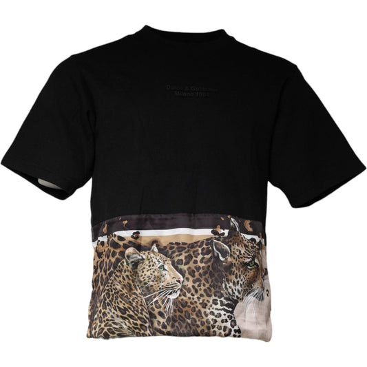 Dolce & Gabbana black leopard print cotton short sleeve t-shirt featuring crew neck and logo, made in Italy with minor thread defect.