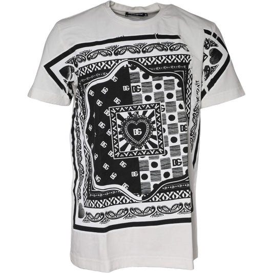 Dolce & Gabbana white bandana print cotton t-shirt with short sleeves and logo details, minor front and back discolorations and stains.