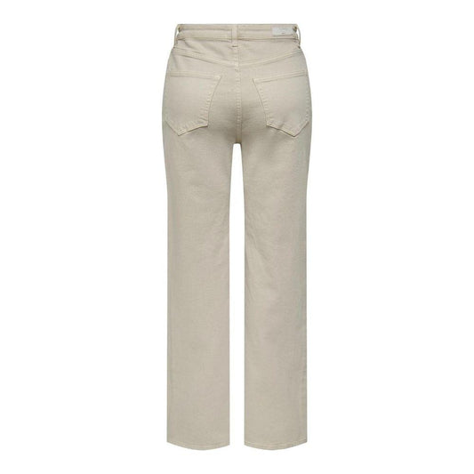 Back view of women's baggy beige cotton jeans, spring/summer collection, made from 99% cotton and 1% elastene, showcasing pocket details.