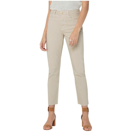 Beige cotton mom jeans with high waist and straight leg, offering a comfortable fit and stylish look for women.