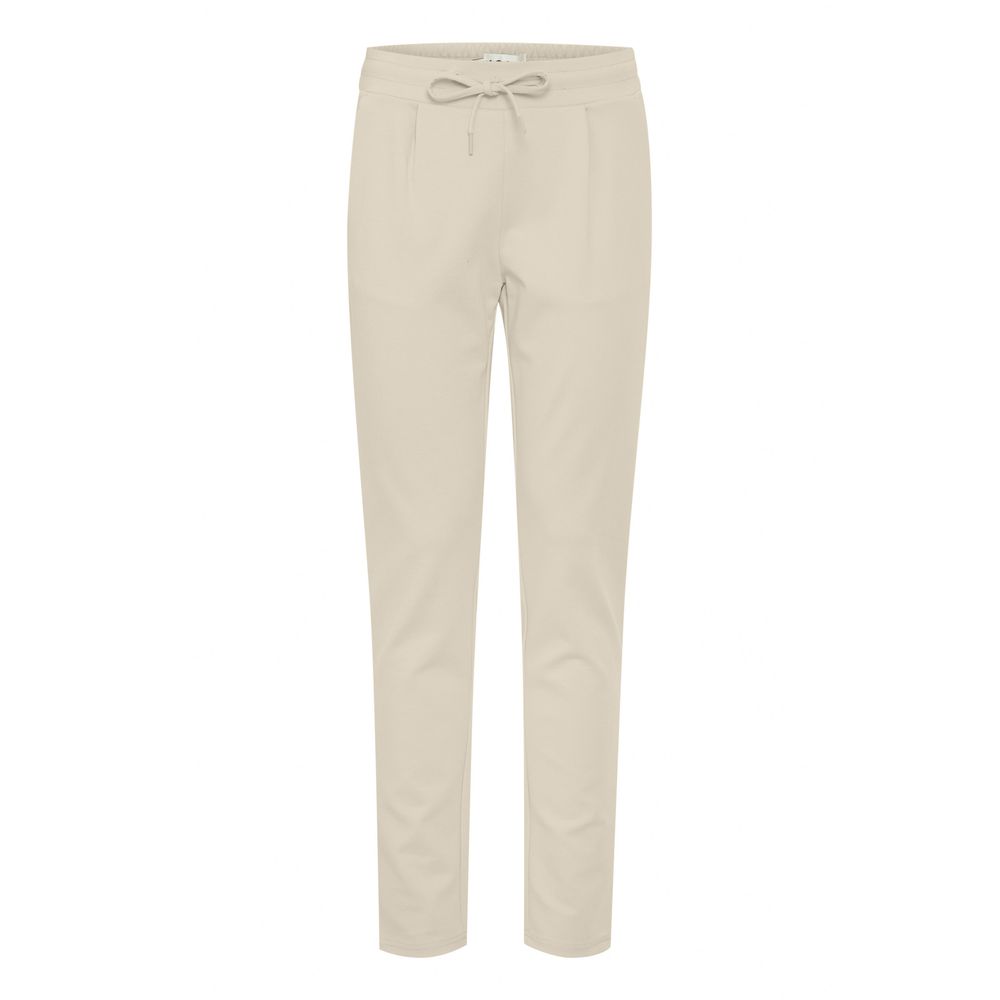 ICHI Beige Polyester Pants - Women's slim fit, mid-rise trousers with elastic waistband and drawstring, model 20105036.