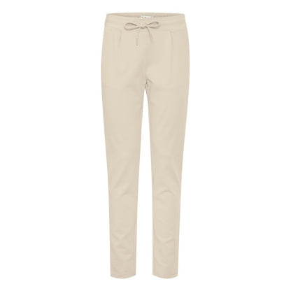 ICHI Beige Polyester Pants - Women's slim fit, mid-rise trousers with elastic waistband and drawstring, model 20105036.