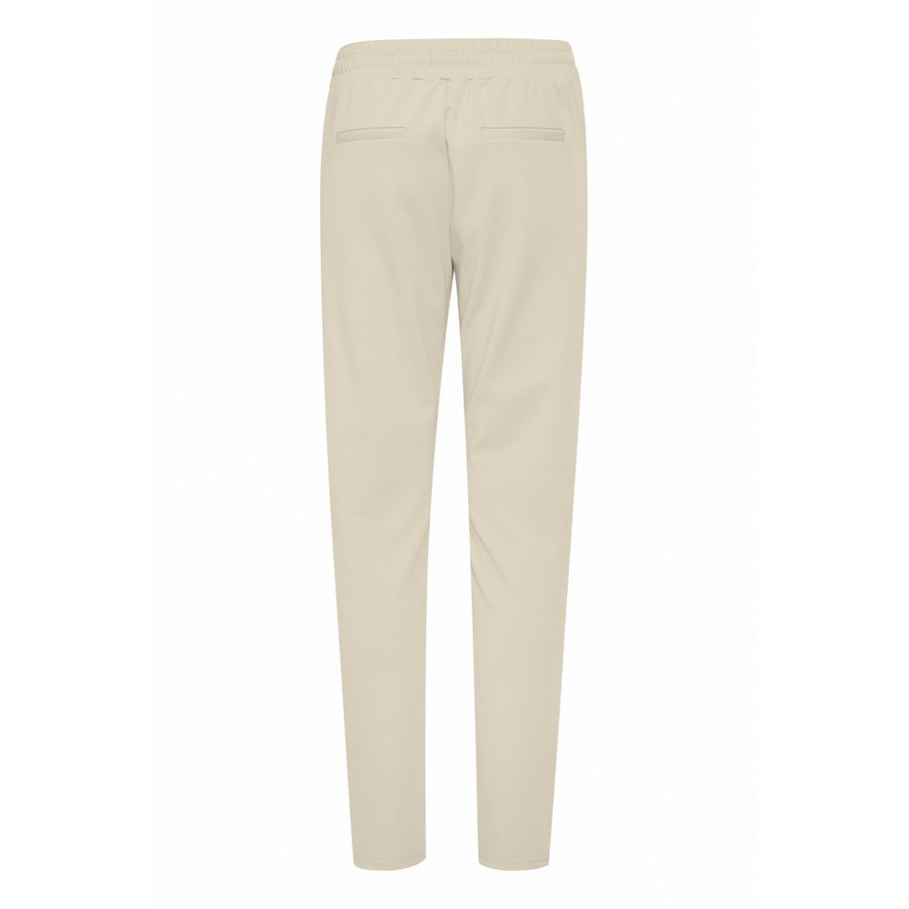 Back view of ICHI Beige Polyester Pants with elastic waistband and slim fit design.