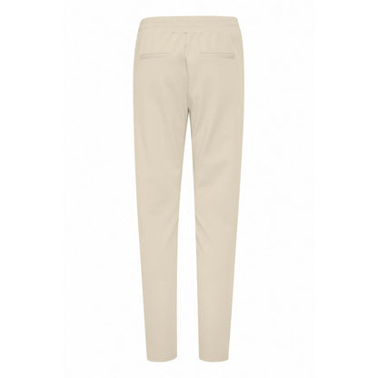 Back view of ICHI Beige Polyester Pants with elastic waistband and slim fit design.